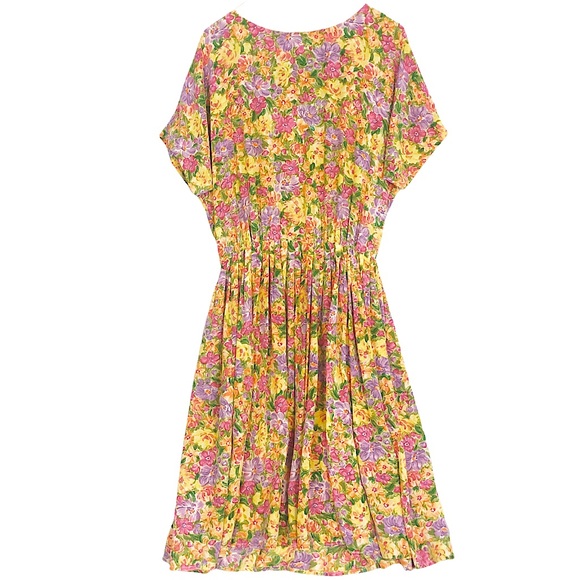 VINTAGE 80s 90s Bold Yellow Pink Floral Brushstroke Art Print Silk Pleated Mini - Picture 2 of 9